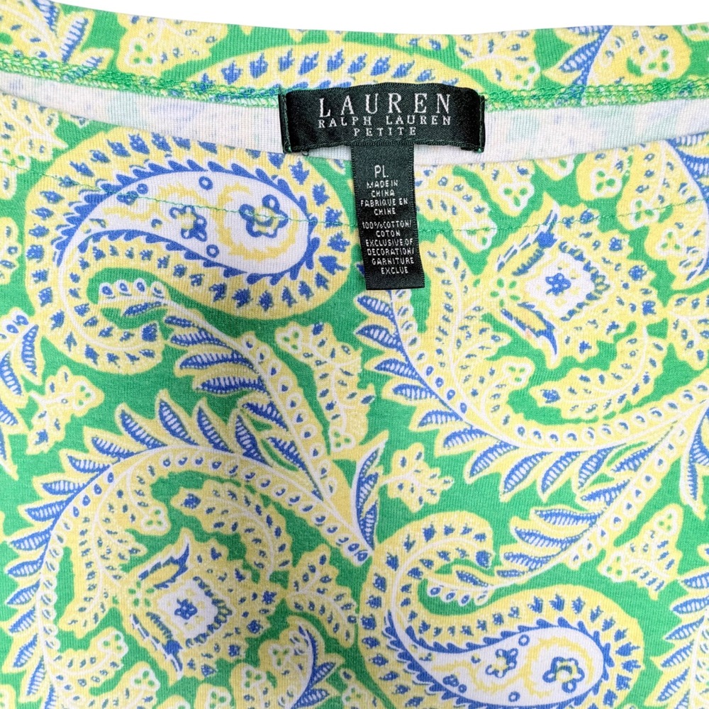 Lauren Ralph Lauren Green Paisley Boat Neck Cotton Petite Large Top Y2K Coastal - Picture 2 of 5